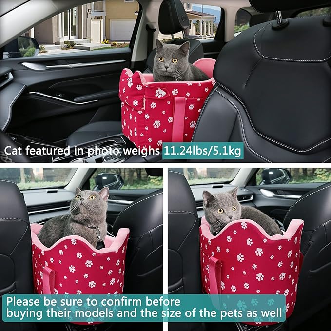 Center Console Dog Car Seat for Small Dogs Under 15 lbs - Detachable Washable Carrier with Safety Belt & Storage Pockets, Pink