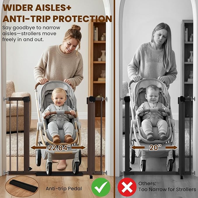 Mumeasy 29.7-40.6" Baby Gate for Stairs, Auto Close Dog Gate for Doorways, Pressure Mounted No Drill Pet Gate with Easy Walk Thru Door, Double Lock, Brown
