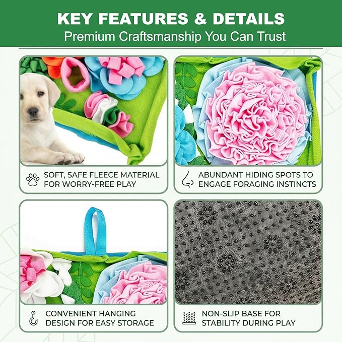Snuffle Mat for Dogs, 19.7" Interactive Puzzle Mat with Heavy-Duty Table-Fixing Straps, Durable Dog Sniffing Mat for Slow Feeding & Enrichment, Non-Slip Foraging Mat for Large/Small Dogs.