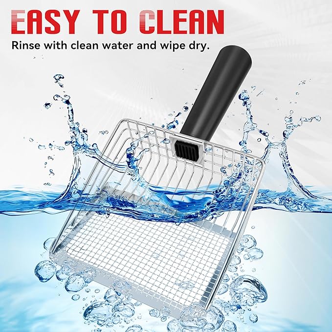 Metal Cat Litter Scoop with Holder, Heavy Duty Deep Sifter with Dual-Hole (10mm/5mm) for Pellets & Clay, Non-Stick (Black)