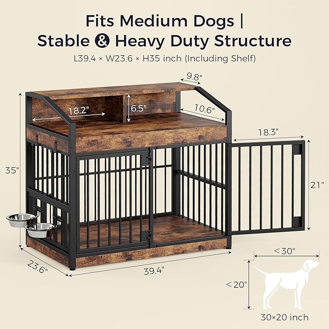 IRONCK Dog Crate Furniture with 360° Rotatable Bowls, 39.4" Wooden Dog Kennel Indoor with Top Storage Shelves, Heavy Duty Decorative Pet Crate End Table with 4 Hooks for Medium Dogs, Rustic Brown