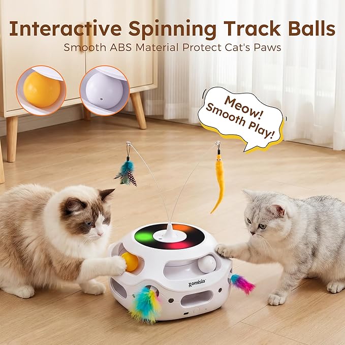 ZOMISIA 4 in 1 Automatic Interactive Cat Toy, Rechargeable Cat Toys for Indoor Cats with Fluttering Teasing Sticks, Trackballs, Shooting Feathers and Bird Chirping for Bored Indoor Adult Cats