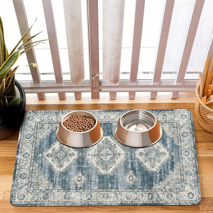 Pet Dog Cat Food Mat, Non Slip Bowl Mats for Food and Water, Absorbent Boho Dogs Cat Feeding Mat Puppy Pet Placemats for Floors Indoor Pets Accessories Supplies 16 * 24 inch, Retro Blue