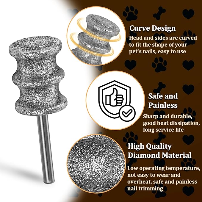 Ptwola Diamond Dog Nail Grinder Bits 1/8" Pet Rotary Toenail Grinder Attachment Dog Claw Grinder Replacement Heads Nail File Wheel for Medium Large Dogs Nail Care Trimming
