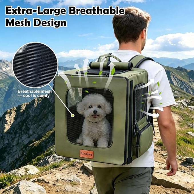 Vivifying Dog Backpack Carrier, 16.5"×15"×10.6" Breathable Pet Backpack for Travel with Sunshade, Locking Zippers & Thickened Bottom for Small Dogs and Cats up to 18 lb (Military Green)