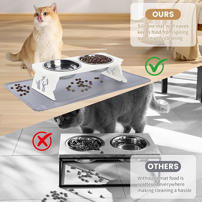 Elevated Cat Bowls with Food Mat,10° Tilted Anti-Vomiting Raised Cat Food Bowl for Small Cats and Puppies, Foldable 2 Stainless Steel Pet Bowl with Stand-Milky White