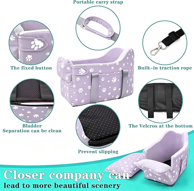 Center Console Dog Car Seat Safe Travel for Small Dogs Under 15 lbs Detachable Washable Pet Carrier with Storage Pockets & Safety Leash (Purple)