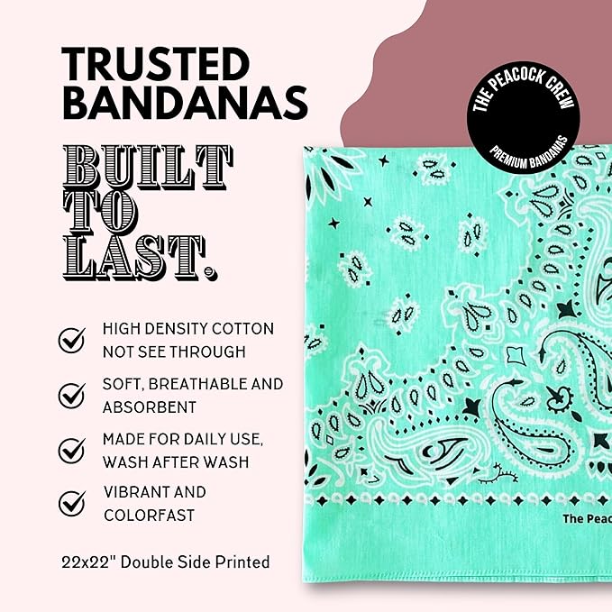 The Peacock Crew Premium Soft Cotton Bandanas Pack for Men and Women Paisley 22 x 22 inches