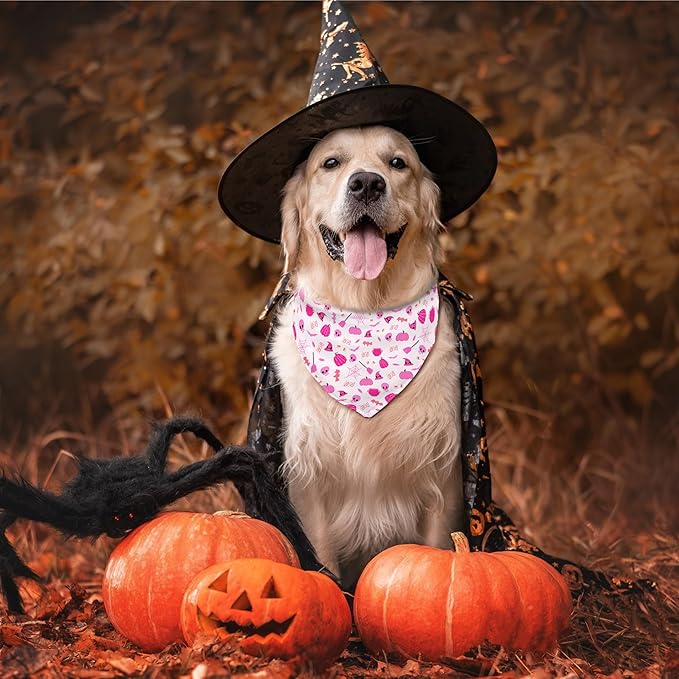 Halloween Dog Bandanas Reversible 2 Pack, Pink Pumpkin Ghost Bat Cute Halloween Pet Bandanas for Dogs Adjustable Triangle Holiday Scarves for Medium Large Extra Large Boy Girl Dogs