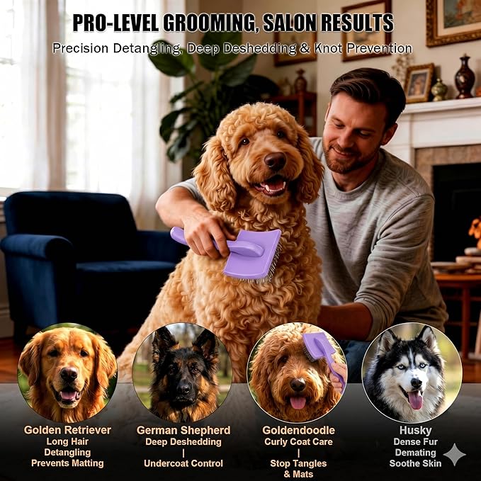 Dog Slicker Brush for Goldendoodles, Poodles & Long Haired Dogs - Long Pin Doodle Brush & Pet Comb Kit Removes Tangles Loose & Knots, Professional Grooming Tools with Wooden Handle, Purple