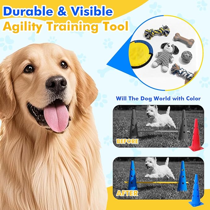 Wdmiya Dog Agility Course Backyard Set with Height Adjustable Crossbar, Dog Agility Training Hurdle Cone Set, 18.9" Dog Agility Equipment for Rehabilitation, Obedience, Starter - 6 Poles & 12 Cones