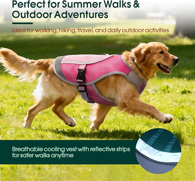 Kuoser Dog Cooling Vest for Dogs, Lightweight Dog Cooling Harness Shirt with Reflective Stripe, Breathable Mesh Cooler Jacket Pet Cool Vest for Small Medium Large Dogs Summer Hot Weather, Pink 2XL