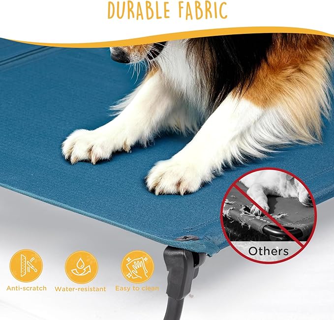 CANINE CANYON Folding Raised Dog Cot, Large Outdoor Elevated Dog Bed with Upgraded Non-Slip Feet, Cooling Chew Proof Portable Heavy Duty Pet Cot Up to 160 lbs for Camping/Home, Dark Blue, 43"x27"