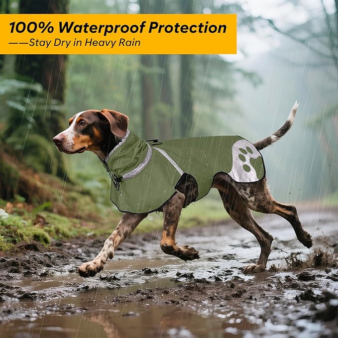 Dog Raincoat for Large Dogs, Adjustable Rain Jacket for Dogs, Waterproof Slicker Jacket for Adventures, Walking, Hunting（L,Dark Green）