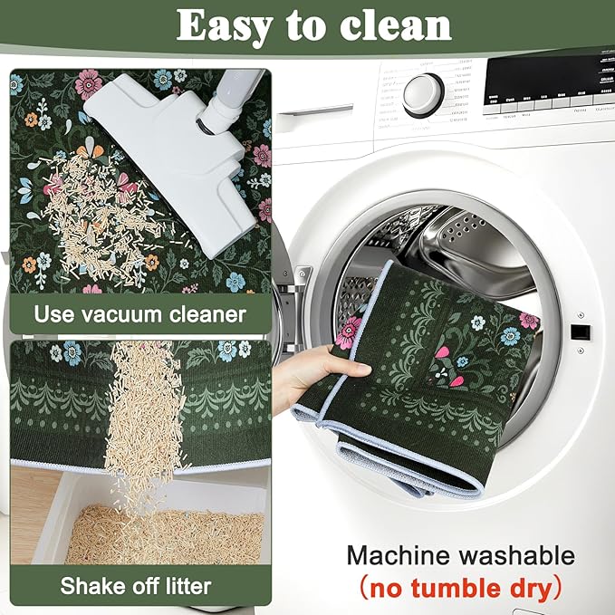 Bienbee Cat Litter Mat, 2PCS 28"x20" Machine Washable Litters Box Mats Non-Slip &Waterproof Cat Litters Trapping Mats Easy to Clean Mat for Litter Box Less Waste Protects Floors Dark Green M
