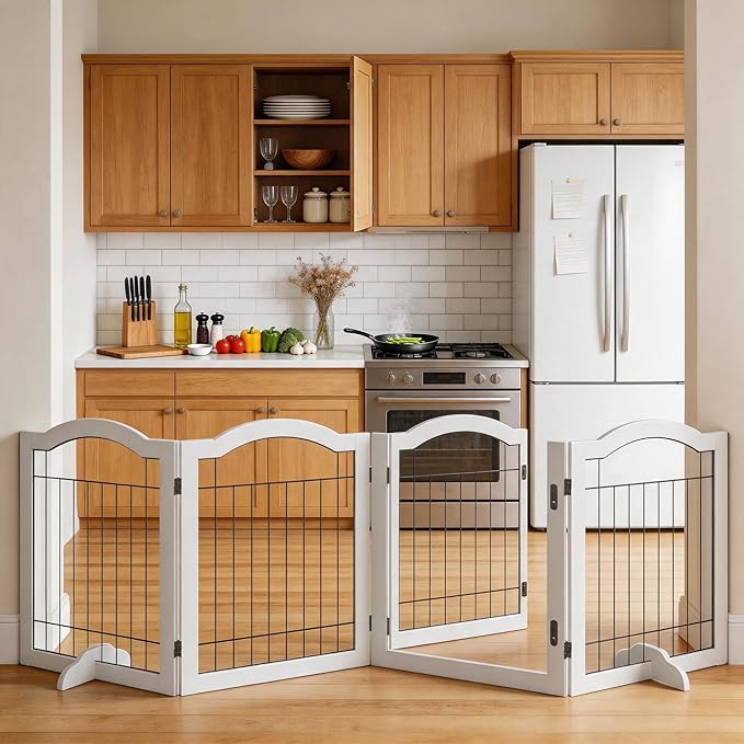 Vantas Folding No-Assembly Dog Door Pet Gate 96" Wide, 30" Tall Wooden Dog Gate with Door Walk Through, Freestanding Wire Pet Gate, Pet Puppy Safety Fence, with 2PCS Support – White