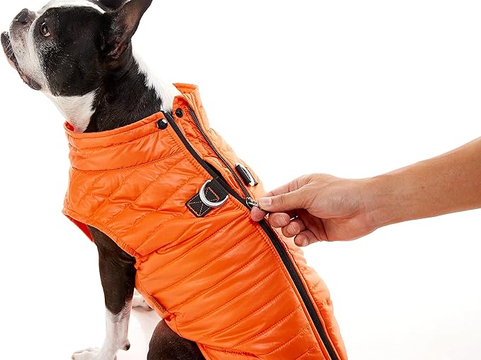 Gooby Puffer Vest Dog Jacket - Orange, X-Small - Ultra Thin Zip Up Wind Breaker with Dual D Ring Leash Water Resistant for Small to Medium Dogs