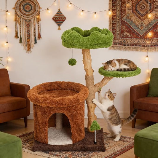 32-Inch Multi-Level Cat Tree Tower, Natural Wooden Cat Furniture with Sisal Scratching Posts, Beds & Condo, Cute Cat Tree for Indoor Cats, Multi-Cat Householdsolds