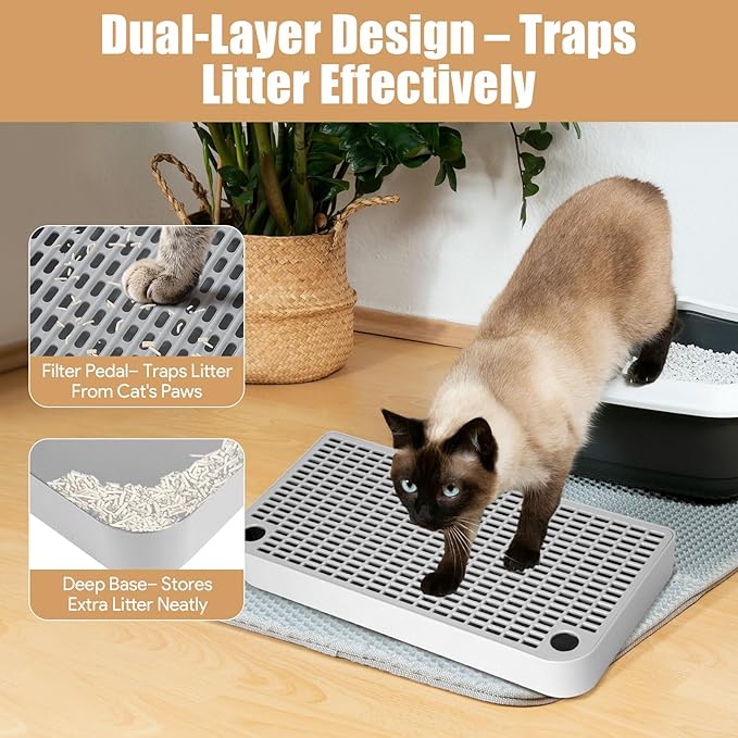 Cat Litter Box Step, Cat Ramp for Litter Box, Double Layered Litter Catcher Mat with Filter Function, Pet Ramp Stool for Kitten & Elderly Cats, Non-Slip & Anti-Litter Tracking, Easy Clean (Grey)