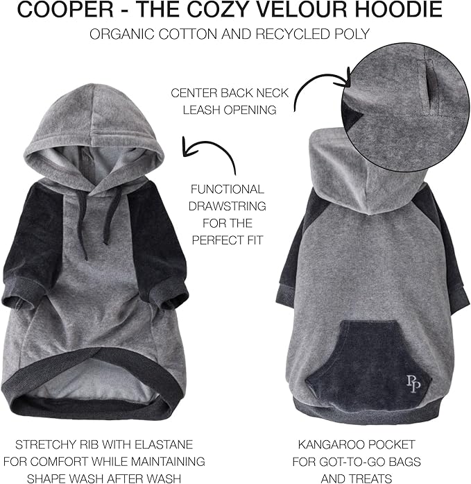 Pet Passion Cooper II Organic Cotton Velour Dog Hoodie Pet Coat for Small, Medium and Large Dogs, Heather Gray Color Block, X-Small (5-12 lbs)