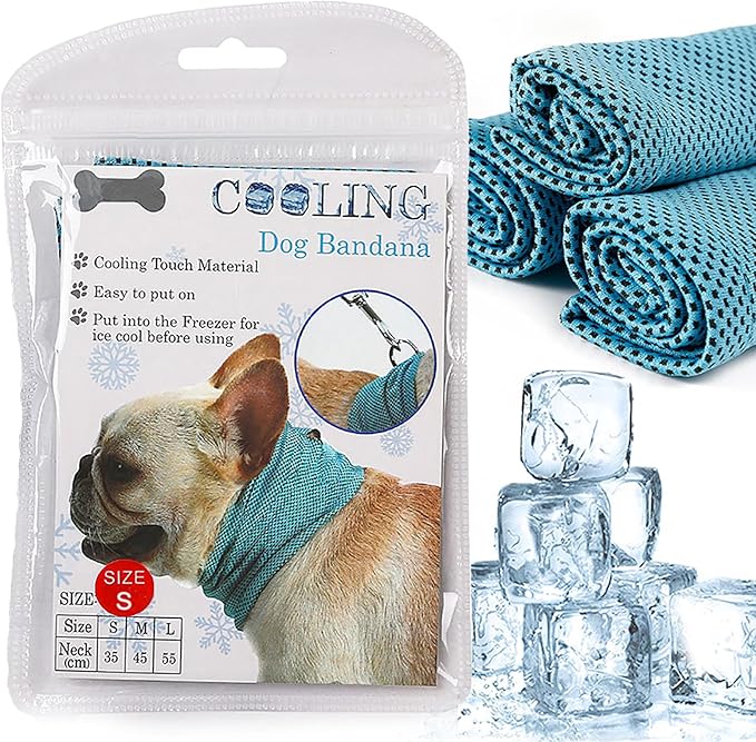 Dog Cooling Bandana Collar, Ice Instant Cooling Pet Bandana Scarf Collar for Small Medium Dogs, Breathable Ice Towels Bulldog Cats Ice Collar Summer Cooling Towel Neck Wrap with Leash Hole Blue