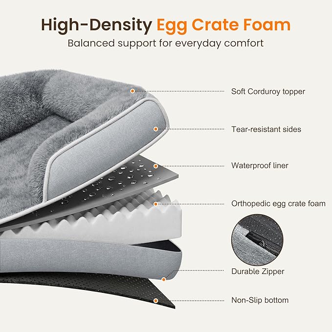 Orthopedic Dog Bed for Small Medium Dogs, 30 x 20 Inch Waterproof Egg Crate Foam Medium Dog Couch Bed with Sides, Washable Removable Cover, Non Slip Bottom, Light Grey