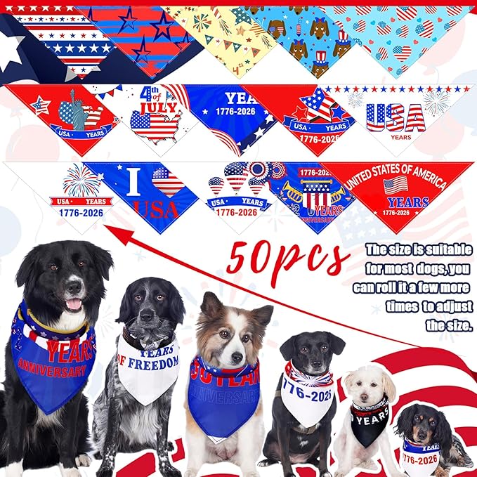Huhumy 50 Pcs 4th of July Dog Bandanas 250th Anniversary Pet Bandanas Bulk Independence Day Triangle Pet Bibs Scarf for Medium Large Dog 4th of July 250th Festival Costume