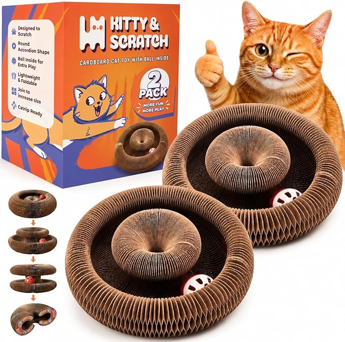 Kitty&Scratch Cat Scratcher Toy | Cardboard Cat Toy with Ball Track with Bell | Kitty Kurlz | Kitty Curls Style Accordion Toy (1 pcs)
