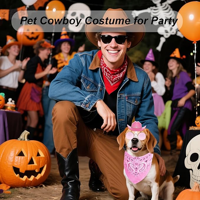 3 Pcs Pet Cowboy Costume Cowboy Hat Bandanas with Sunglasses for Cats and Dogs for Halloween Christmas Holiday Party Cosplay (Pink)