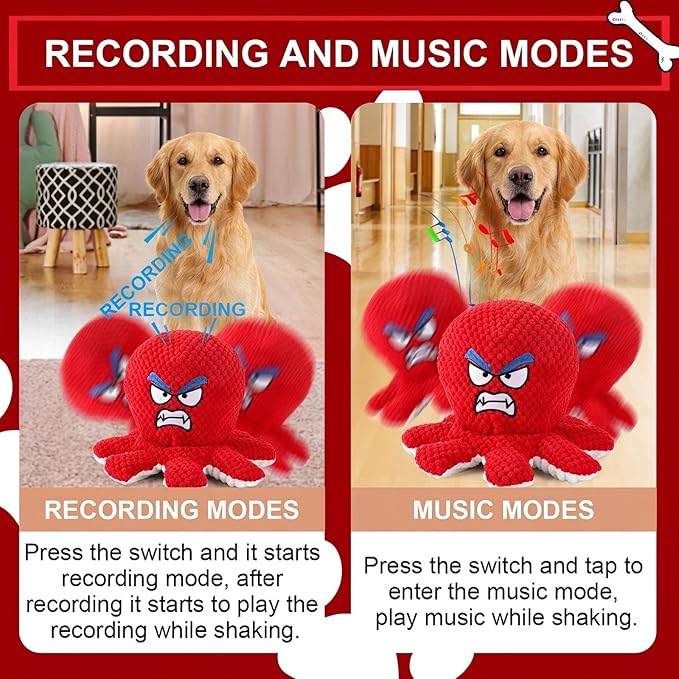 Interactive Jumping Octopus Dog Toy with Recording & Music Modes, Rechargeable Moving Squeaky Toy for Small, Medium & Large Dogs, Bouncing Pet Chew Toy to Relieve Stress & Burn Energy