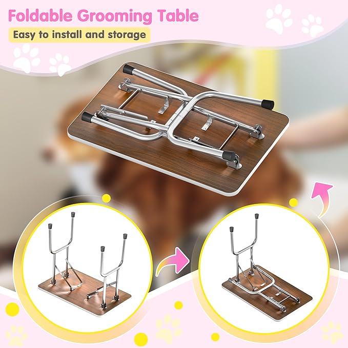 Dog Grooming Table, Adjustable Large Pet Drying Desktop, Foldable Bathing Desk with Arms, Noose, Mesh Tray, Maximum Capacity Up to 330Lb, 42in, Pink