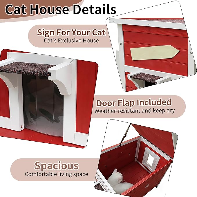 Rockever Outdoor Cat House, Large Outdoor Houses for Feral Cats Wooden Outside Cat Shelter Weatherproof with Escape Door-Red