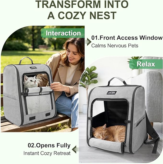 Pet Backpack Carrier for Small Dogs and Cats, Comfortable Portable Cat Bag for Travel Use with Ventilated Mesh, Safety Strap, and Easy-Clean Waterproof Fabric, Grey