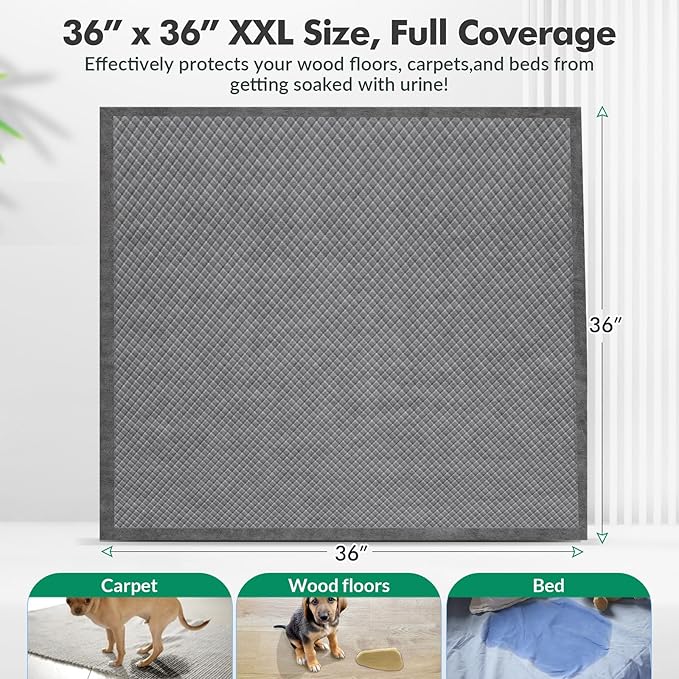 Upgraded Charcoal Puppy Pads, XXL 36’’x36’’ Pee Pads for Dogs, Super Absorbent Up to 12 Cups, Odor Control & Leak Proof Dog Training Pads for Surgery, Older,Puppy, 30 Counts