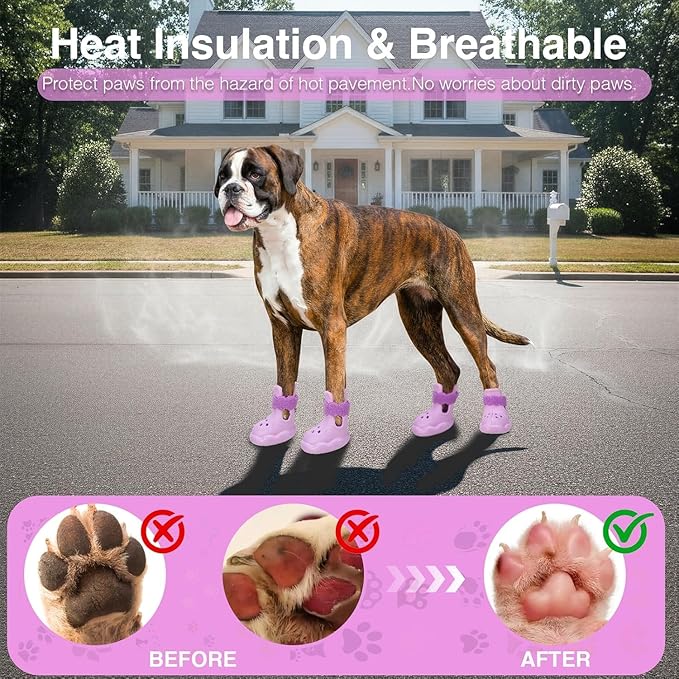 Dog Shoes for Hot Pavement and Snow - Waterproof, Non-Slip, Breathable Booties with Adjustable Straps for Small Medium, and Large Dogs (Purple, S)