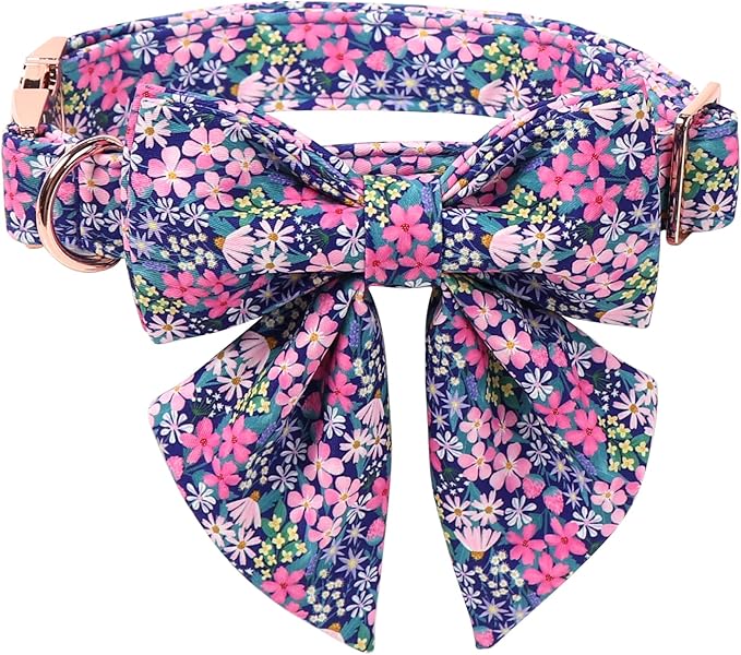 Lionet Paws Floral Dog Collar with Sailor Bow, Spring Wildflowers Daisy Fleabane Dog Collar Bow Tie for Large Dogs, Neck 16-24 inches