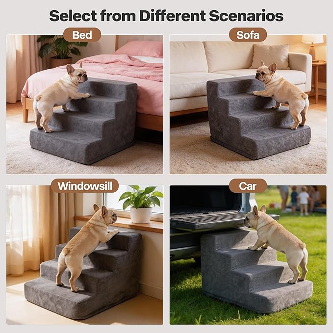 Pawise 4 Step Dog Stairs for Small Dogs Cats, Blue Suede Pet Steps, Non-Slip Pet Stairs for High Bed Couch, Indoor Portable Dog Ramp with Zipper Bottom for Medium Large Dogs and Puppy