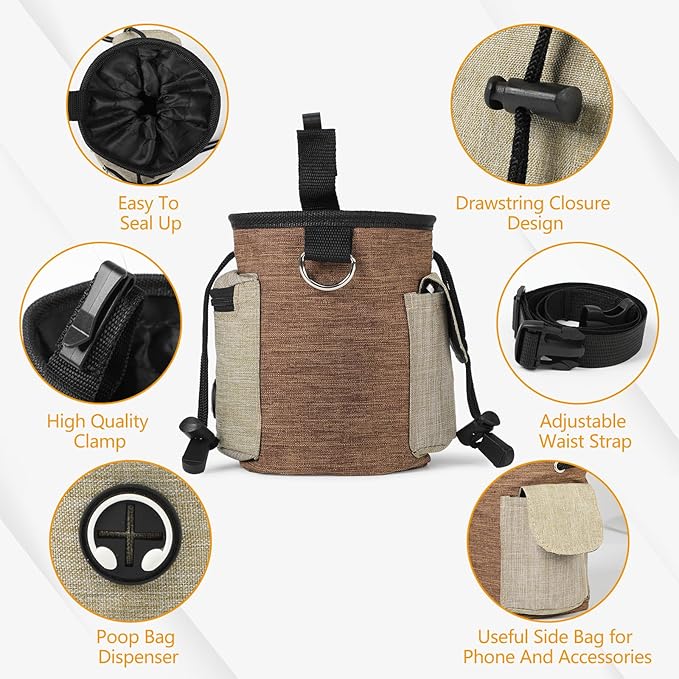 ondware Large Dog Treat Pouch with Adjustable Waist Belt, Waterproof Oxford Training Bag with Drawstring, Clicker & Poop Bags, 3.6 Cup Capacity, Multi-Use Snack Storage for Walking Hiking