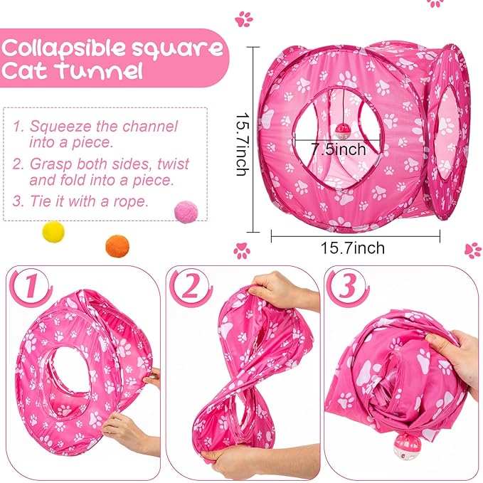 Leitee 40 Pcs Cat Toys Kitten Toys Assortments, Variety Toy Set Including 3 Pink Cat Paws Way Tunnel, Cats Feather Teaser, Fuzzy Mice, Crinkly Ball, Springs, Colorful Balls and Bells for Indoor Pet