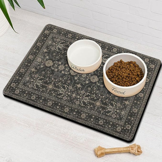 Vintage Tribal Dog Food & Water Mat, Boho Pet Feeding Mat for Floor Non-Slip Waterproof, Super Absorbent Cat Bowl Mat, Easy to Clean Durable Pet Placemat,16" × 24"