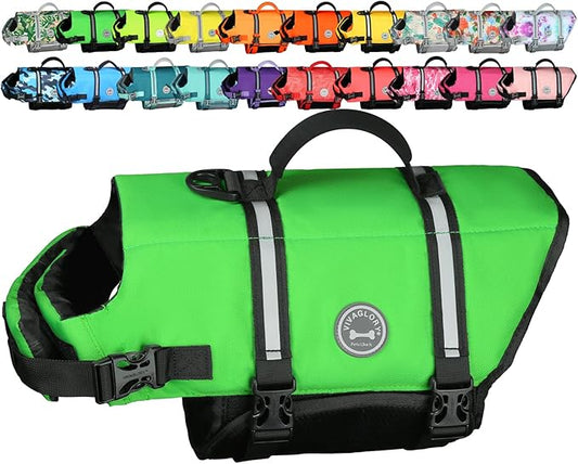 VIVAGLORY Rip Stop Dog Life Vest, Swimming Vest with Handle, Buoyancy for Doggy Puppy, Dog Life Jacket for Swimming & Boating, S, Bright Green