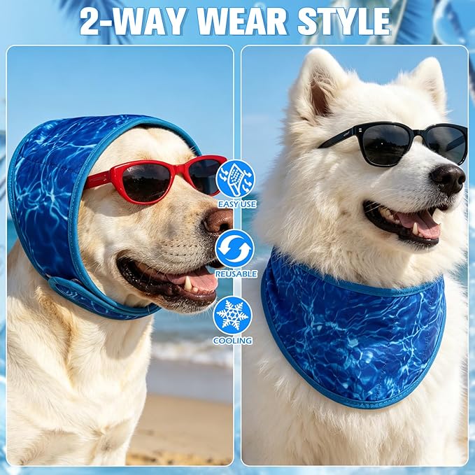 EXPAWLORER Dog Cooling Bandana - 2 Pack Instant Cool Chill Out Dog Scarf, Adjustable Summer Outdoor Ice Neck Cooler Vest, SAP Ice Crystal Powder Physical Cooling Pet Handkerchiefs, Wave Medium