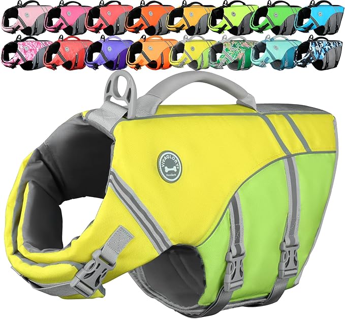 VIVAGLORY Sports Style Dog Life Vest, Dog Life Jacket for Swimming & Boating, Ripstop & Buoyancy for Puppy Doggy, Lifejacket with Handle, M, Yellow Grey