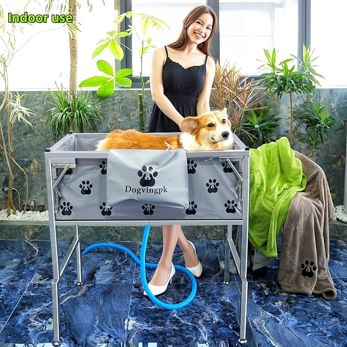 Dogvingpk Portable Foldable Elevated Dog Bathtub, 300 lb Capacity with Drain for Bathing Grooming Medium and Large Dogs, Indoor Outdoor Use (2 PVC-TUB-L)