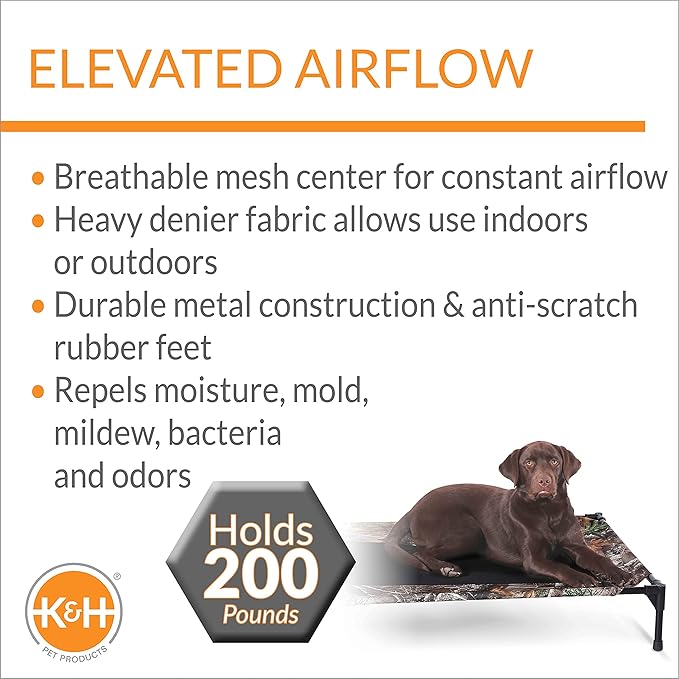 K&H Outdoor Elevated Dog Bed - Cooling Raised Dog Bed for Medium & Large Pets, Breathable Mesh Center Hammock Design, Indoor/Outdoor Washable Cover, Portable Metal Frame, Camo, Large 42x30in