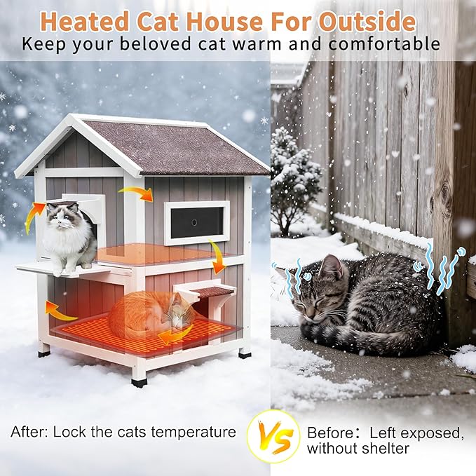 Rockever 100% Waterproof & Insulated Heated Cat House for Outdoor Cats, 2 Story Heated Cat House for Outside with Heating Pad, Elevated Outdoor Cat House, Feral Cat Shelter with Escape Door