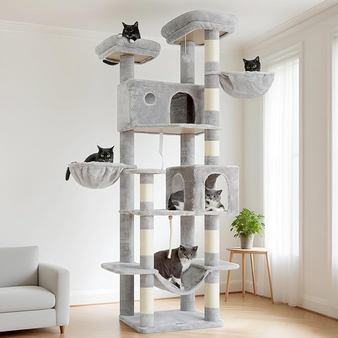 Gitelsnour Tall Cat Tree, Large Cat Tower for Adult Cats, 80.7'' (205cm) Heavy-Duty Cat Tree House for Indoor Cats 20 lbs+ with Scratching Posts, 2 Top Perches/Condos, Hammcok, Light Gray GCT034W