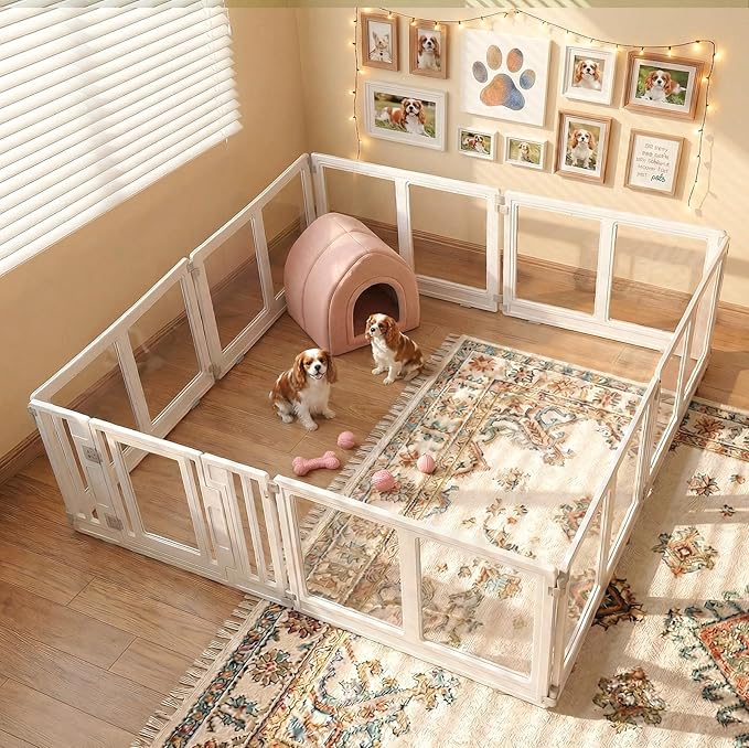 Clear Acrylic Dog Playpen with Door, Transparent Puppy Playpen for Small and Medium Puppies, Easy Assemble Pet Fence Indoor with Safety Lock (White, 69.3 x 69.3 x 22.4 Inch)