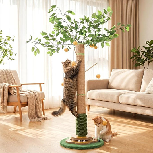 Tall Cat Scratching Post 51 Inch, Cat Scratching Post for Indoor Cats Adults, Sisal Cat Scratcher with Heavy Duty Stable Base & Hanging Toys & Self Grooming Brush for Kittens Medium Large Cats