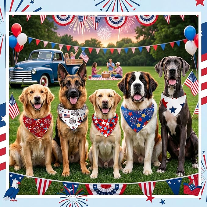 Abbylike 100 Pcs Patriotic Dog Bandanas Bulk 4th of July Bandanas for Dogs Star Triangle Kerchief Bib Scarf Set for Pet Independence Day 250th Anniversary Party Costume, 25 Styles(25.6 x 17.7 x 17.7)
